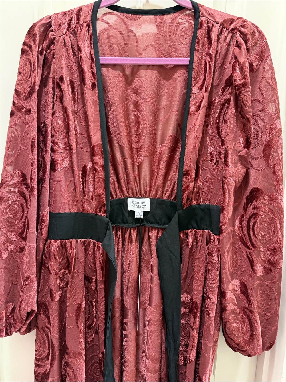 Unique Vintage Rose-Pattern Velvet Burnout Robe in Deep Rose with Black Trim